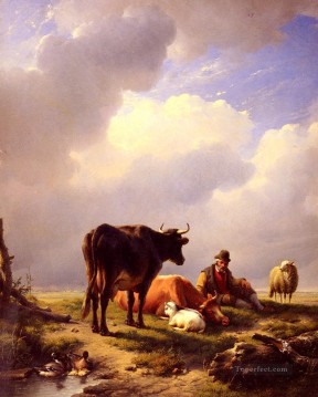 ユージン・ヨーゼフ・フェルベックホーフェン Painting - オイゲン・フェルベックホーフェンの牛と一緒に休む農夫